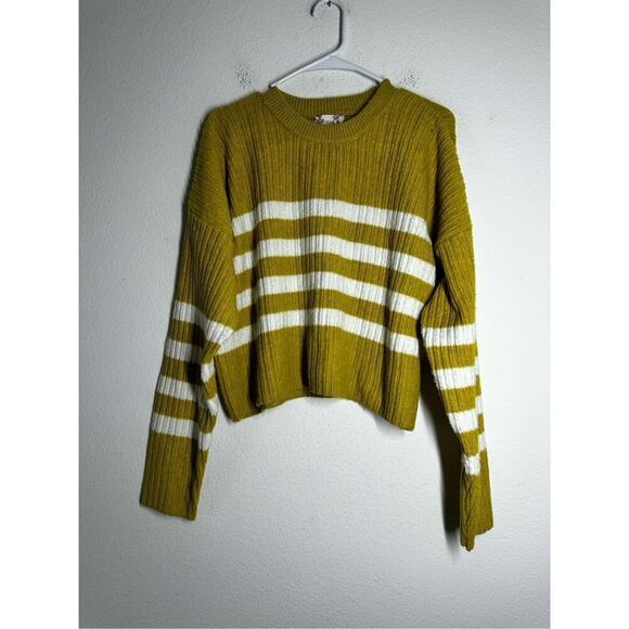 NWT Pink Republic Olive Mustard Strip Crop Crewneck Sweater Size XL - Picture 1 of 11